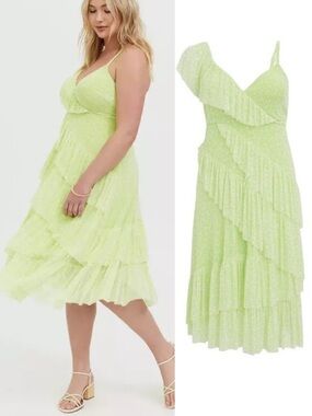 NWT Torrid Neon Yellow Mesh Floral Ruffle Midi Dress One Shoulder Floral White